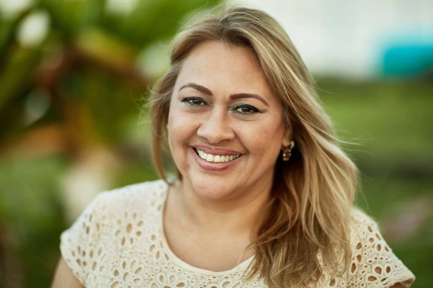 Outdoor Portrait of Relaxed 50 Year Old Hispanic Woman